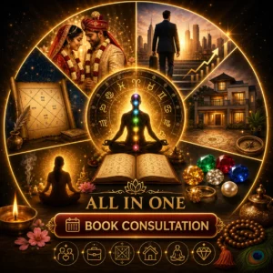 All-in-one astrology consultation banner featuring marriage guidance, career consultation, kundli analysis, vastu consultation, spiritual guidance, and gemstone recommendations with golden mystical astrology design.