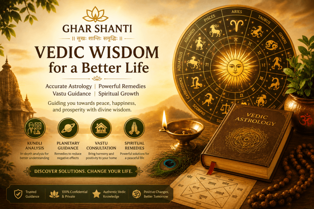 Ghar Shanti homepage banner with Vedic astrology, zodiac wheel, kundli guidance, and spiritual remedies