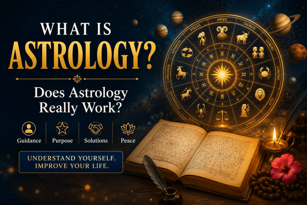 Astrology concept banner showing zodiac wheel, planets, and spiritual astrology symbols with the text What Is Astrology and Does Astrology Really Work