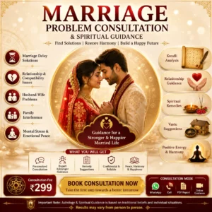Marriage problem consultation banner featuring astrology guidance, relationship counselling, kundli analysis, spiritual remedies, vastu suggestions, and positive energy support for married life.