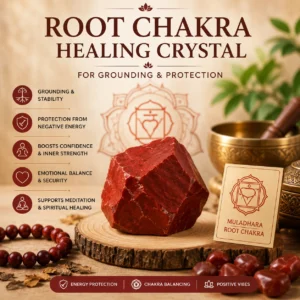 Root Chakra Healing Crystal for grounding, protection, emotional balance and spiritual wellness displayed with meditation and chakra healing elements.