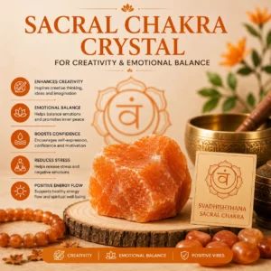 Sacral Chakra Crystal for creativity, emotional balance, confidence and positive energy displayed with meditation and chakra healing elements.